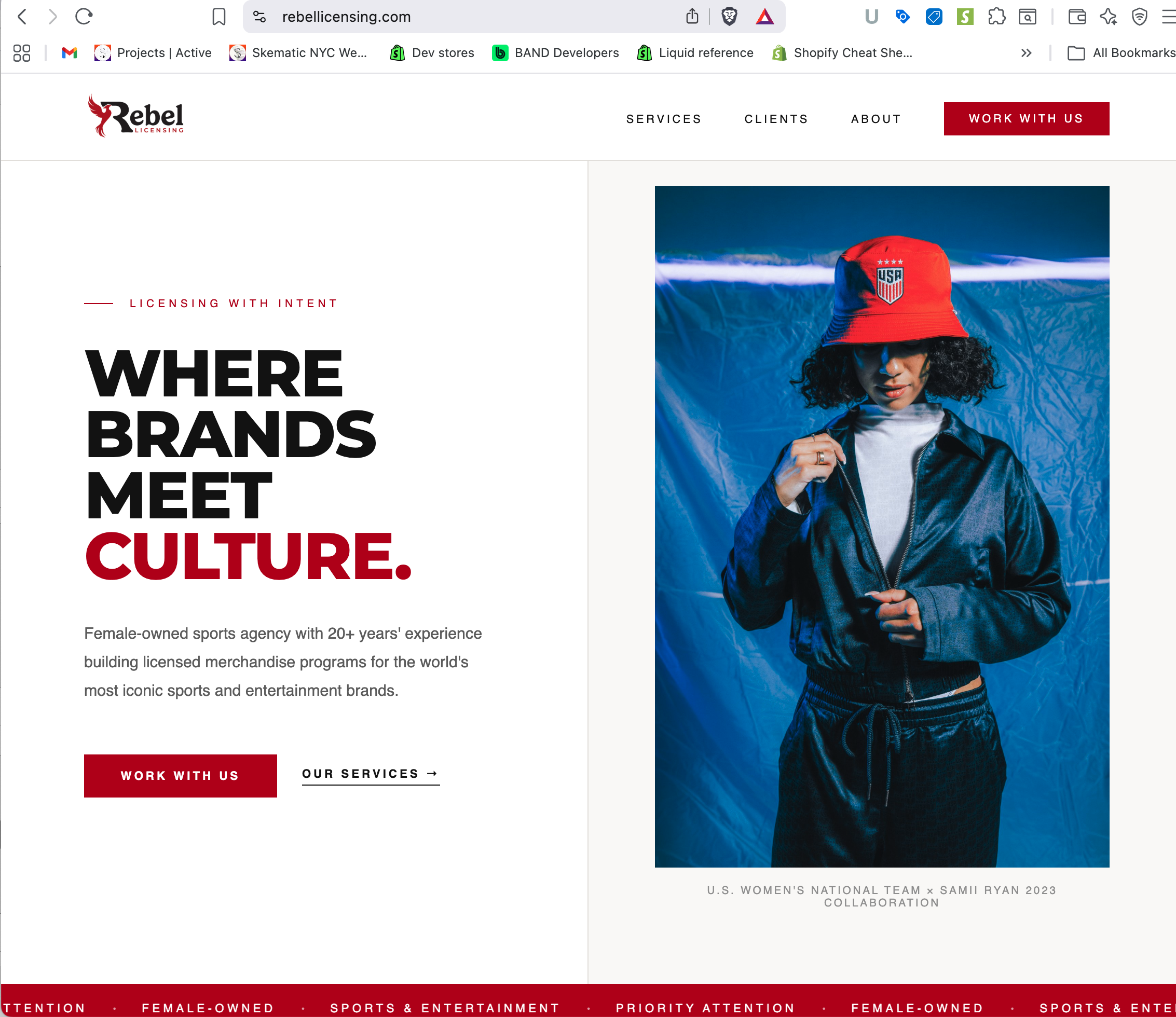 Rebel Licensing homepage — "Where Brands Meet Culture" editorial hero featuring U.S. Women's National Team × Samii Ryan 2023 collaboration